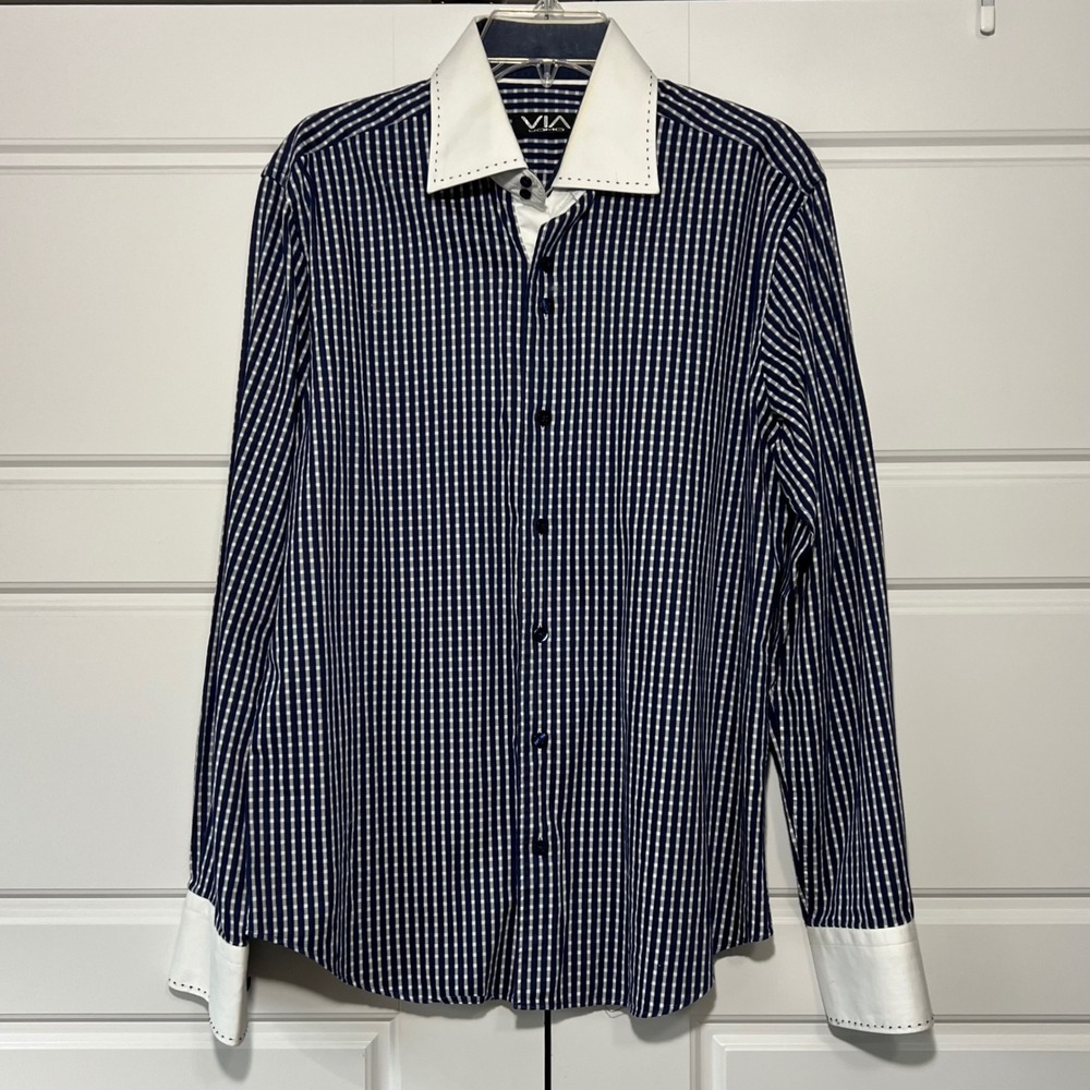 VIA UOMO‎ Mens Blue Gingham Dress Shirt Long Sleeve Collar Cuff Accent Size M